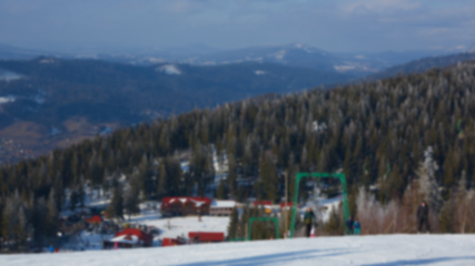 Image showing Blur panoramic view of sport resort for winter vacation. Skies with back light. Warm filter with original sun color tones