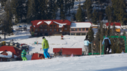 Image showing Blur panoramic view of sport resort for winter vacation. Skies with back light. Warm filter with original sun color tones