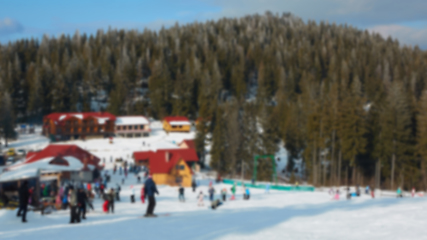 Image showing Blur panoramic view of sport resort for winter vacation. Skies with back light. Warm filter with original sun color tones