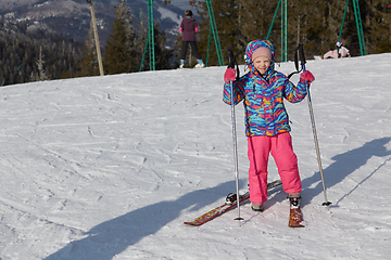 Image showing A happy little girl off skiing with slides