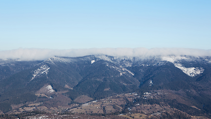 Image showing Winter panorama of mountains on a sunny day. Carpathians, Ukraine