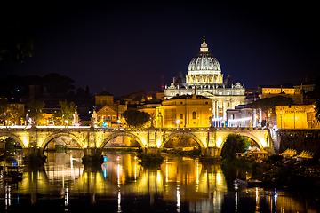 Image showing Vatican City: Saint Peter with bridge reflection by night