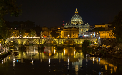 Image showing Vatican City: Saint Peter with bridge reflection by night