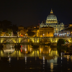 Image showing Vatican City: Saint Peter with bridge reflection by night