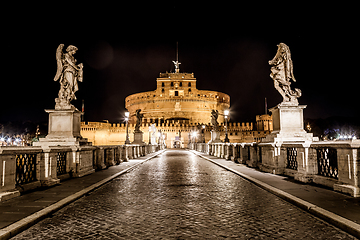 Image showing Rome by night - Sant\'angelo Castle bridge