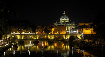 Image showing Vatican City: Saint Peter with bridge reflection by night