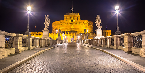 Image showing Rome by night - Sant\'angelo Castle bridge