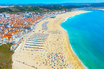 Image showing People ocean beach Nazare Portugal