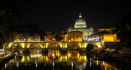 Image showing Vatican City: Saint Peter with bridge reflection by night