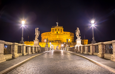 Image showing Rome by night - Sant\'angelo Castle bridge