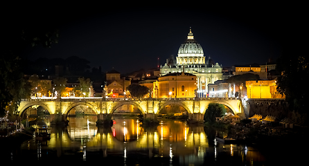 Image showing Vatican City: Saint Peter with bridge reflection by night