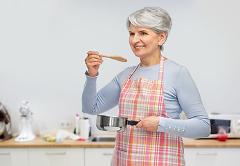 Image showing senior woman in apron with pot cooking food