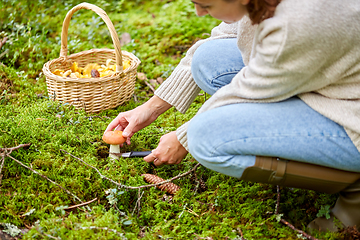 Image showing young woman picking mushrooms in autumn forest