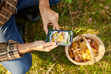 Image showing man with smartphone and mushrooms in basket