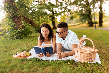 Image showing happy couple reading book on picnic at summer park