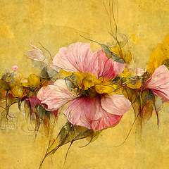 Image showing Pink and yellow watercolor flower Illustration for prints, wall 