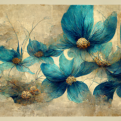 Image showing Blue and golden watercolor flower Illustration for prints, wall 