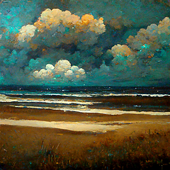 Image showing Sea beach landscape. Ocean view panorama, water sand and clouds.