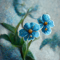 Image showing Bunch of small blue forget me not flowers with leaves. Digital g