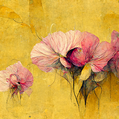 Image showing Watercolor pink fantastic flowers on yellow background. 