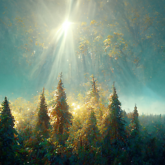 Image showing Beautiful sunny morning in magic forest. Forest in the morning i