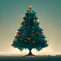 Image showing Christmas tree with decorations and gift boxes. Holiday backgrou