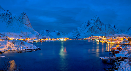 Image showing Reine village at night. Lofoten islands, Norway