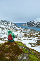 Image showing Woman tourist on Lofoten islands, Norway