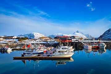 Image showing Fishing boats and yachts on pier in Norway