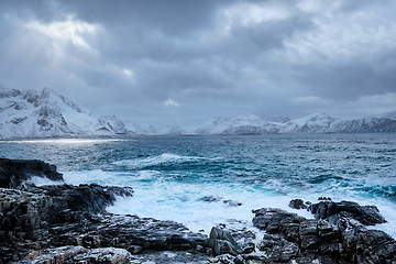 Image showing Norwegian Sea waves on rocky coast of Lofoten islands, Norway