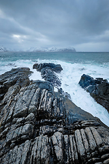 Image showing Norwegian Sea waves on rocky coast of Lofoten islands, Norway