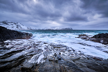 Image showing Norwegian Sea waves on rocky coast of Lofoten islands, Norway