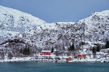 Image showing Red rorbu houses in Norway in winter