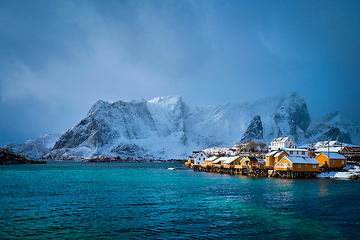 Image showing Yellow rorbu houses, Lofoten islands, Norway