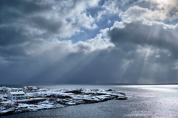 Image showing Norwegian sea in winter with sun rays