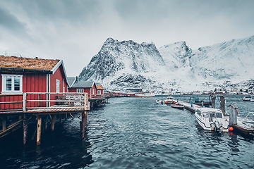 Image showing Traditional red rorbu houses in Reine, Norway