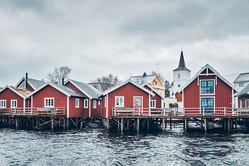 Image showing Traditional red rorbu houses in Reine, Norway