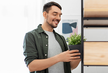 Image showing man decorating home with flower or houseplant