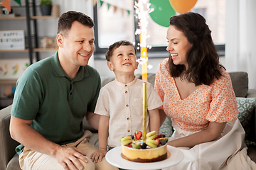 Image showing happy family with birthday cake at home