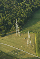 Image showing Aerial view of electric pylons