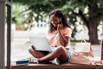 Image showing african student girl in earphones with laptop