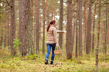 Image showing asian woman picking mushrooms in autumn forest