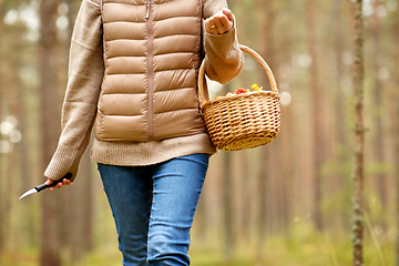 Image showing young woman picking mushrooms in autumn forest