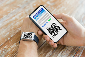 Image showing hands with virtual immunity passport on smartphone