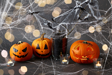 Image showing pumpkins, candles and halloween decorations