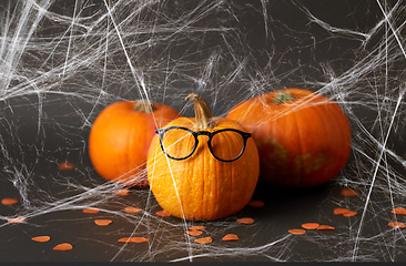 Image showing halloween pumpkins with glasses and spiderweb