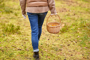 Image showing young woman picking mushrooms in autumn forest