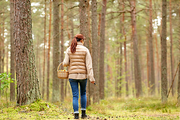 Image showing young woman picking mushrooms in autumn forest