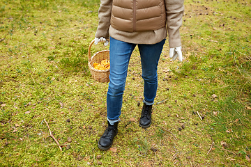 Image showing young woman picking mushrooms in autumn forest