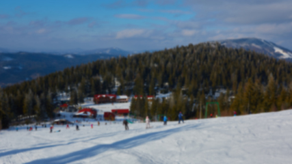 Image showing Blur panoramic view of sport resort for winter vacation. Skies with back light. Warm filter with original sun color tones